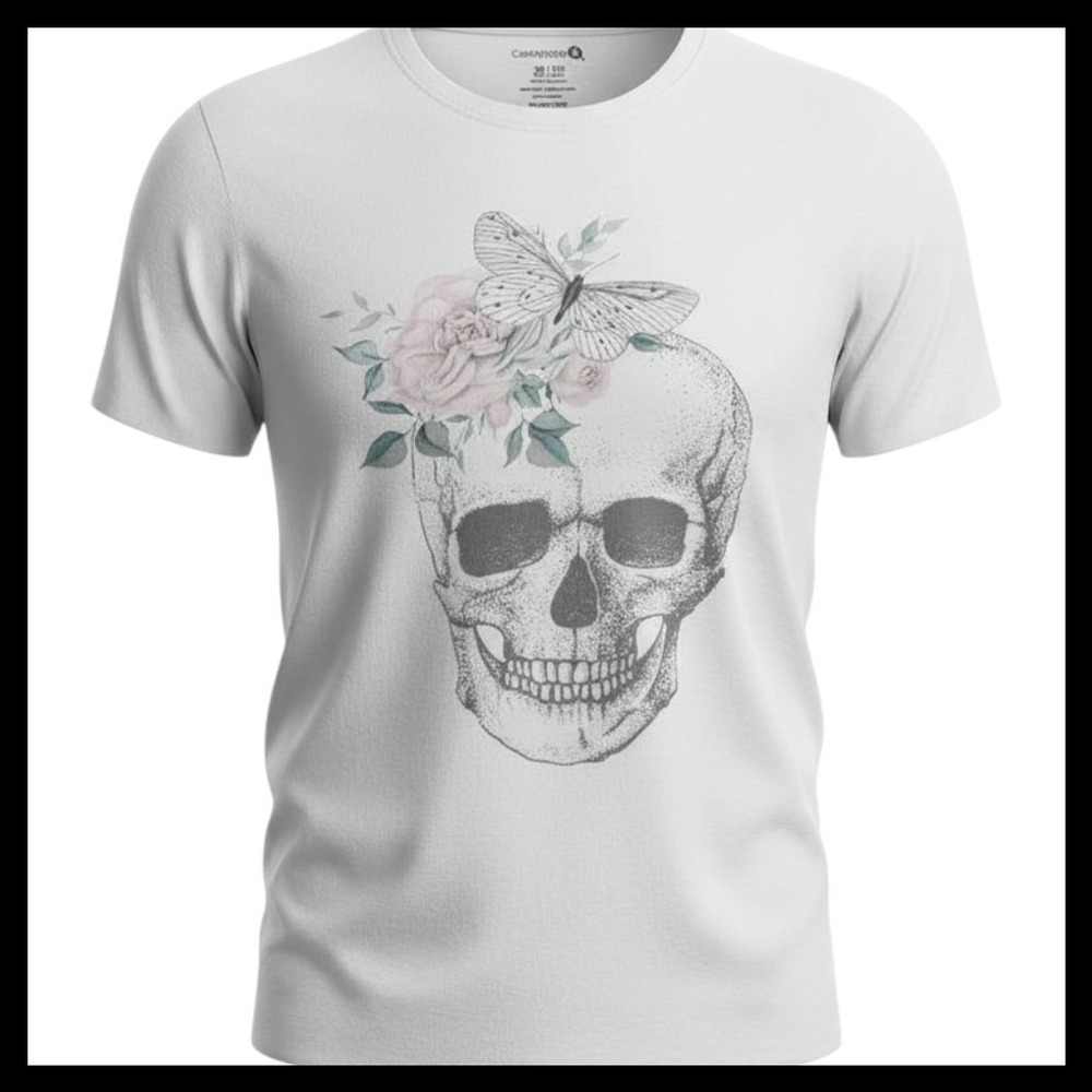 Celebrate It Skull Butterfly Floral Graphic T-Shirt White 2XL 100% Cotton Edgy